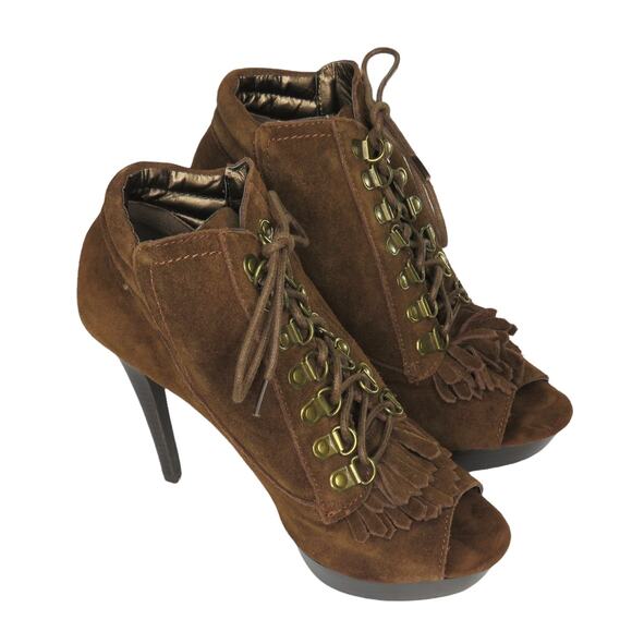 N.Y.L.A. Sabie Brown Suede Tassel Booties Peep Toe Lace Up Ankle Boots 7.5 Boho - Picture 3 of 10